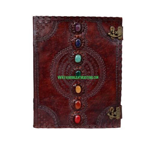 Extra Large 7 Chakra Stone Wicca Handmade Book Of Shadows Leather Journal